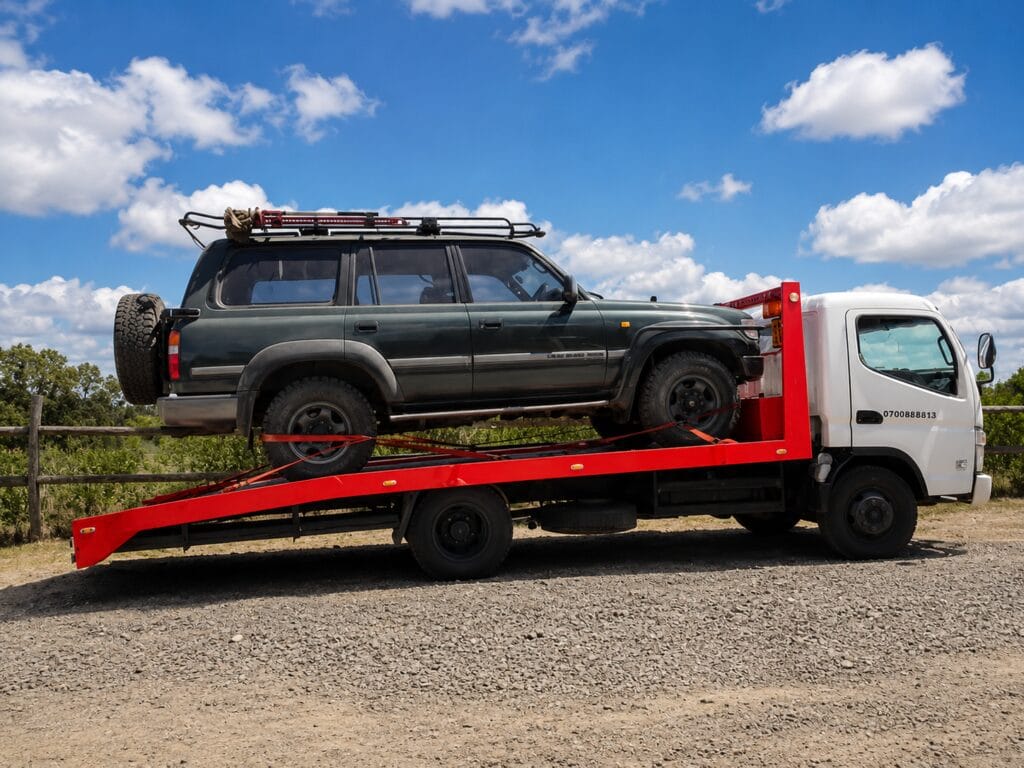 Tow truck transporting an SUV for vehicle recovery