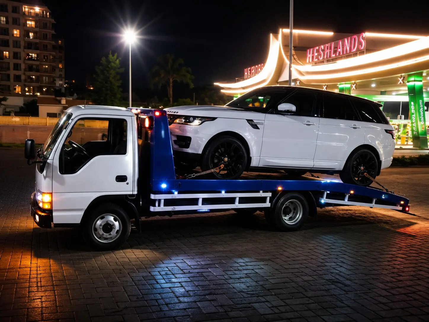 Tow truck transporting a white SUV at night outside Heshlands