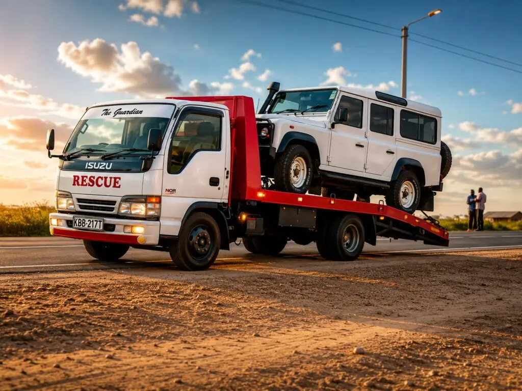 Flatbed tow truck transporting a vehicle for roadside recovery in Mombasa