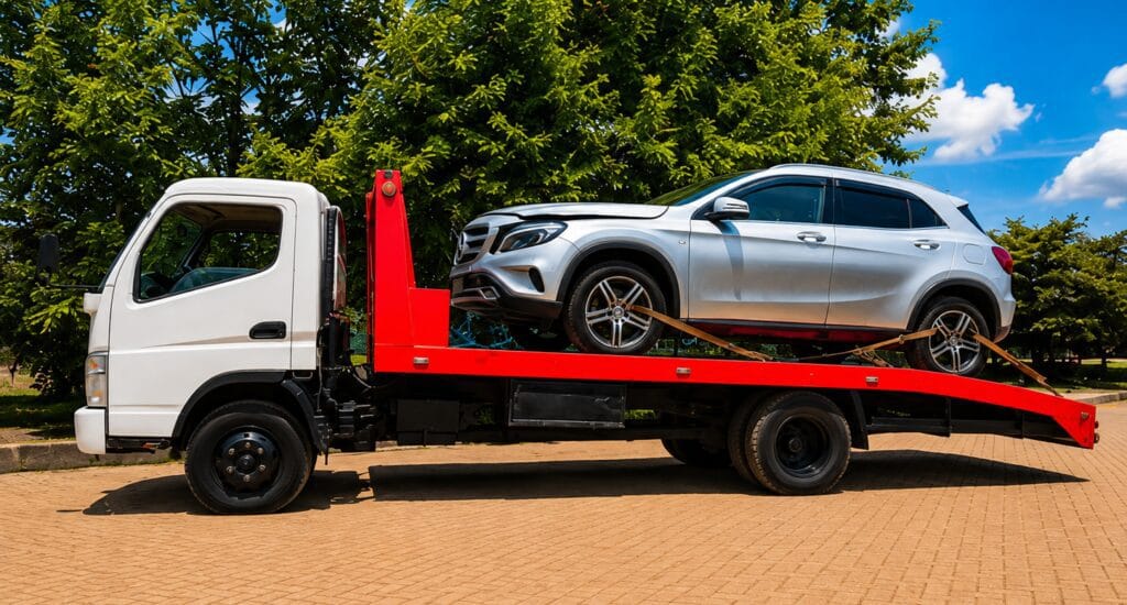 A tow truck transports a silver SUV on a flatbed in Makuyu